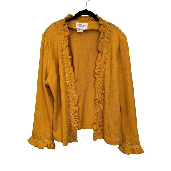 Todd & Olivia Cardigan Womens 20 Mustard Wool Ruffle Open  Sweater Embellished - Picture 1 of 12
